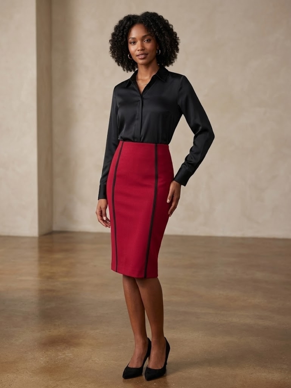 New York & Company Red Pencil Skirt with Black Trim Size M